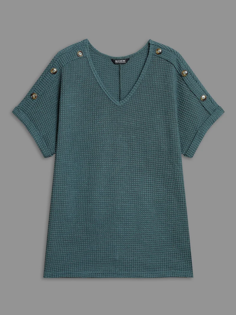 Stretchy Buttons Fitted Waffle Knit T-Shirt