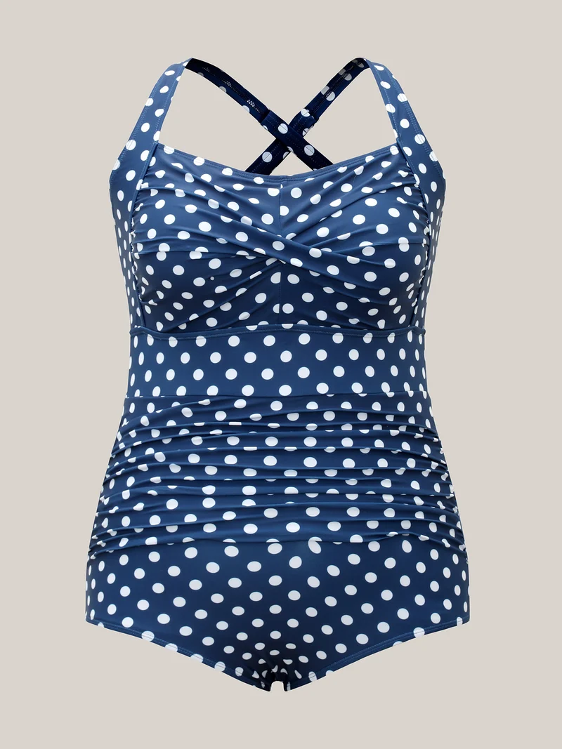 Polka Dots Twist Front Ruched One-Piece Swimsuit