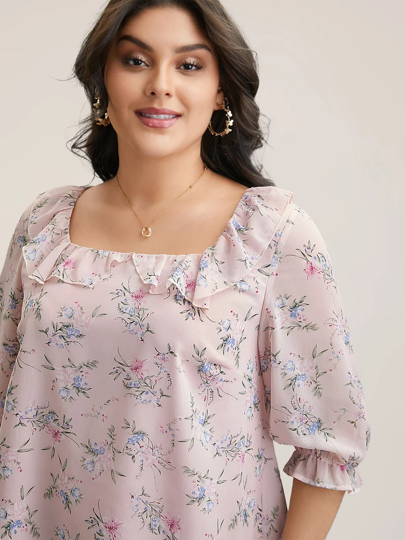 Chiffon Printed Ruffled Shirt