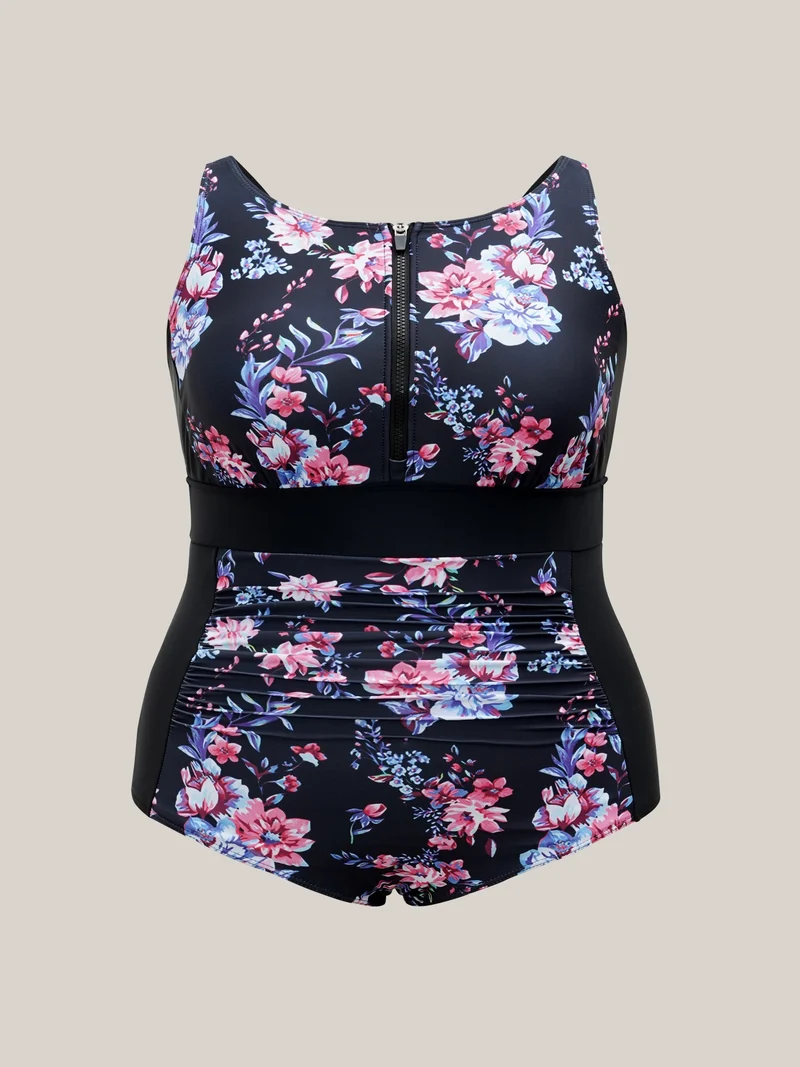 Glide-Lock Zipper Floral Ruched One-Piece Swimsuit