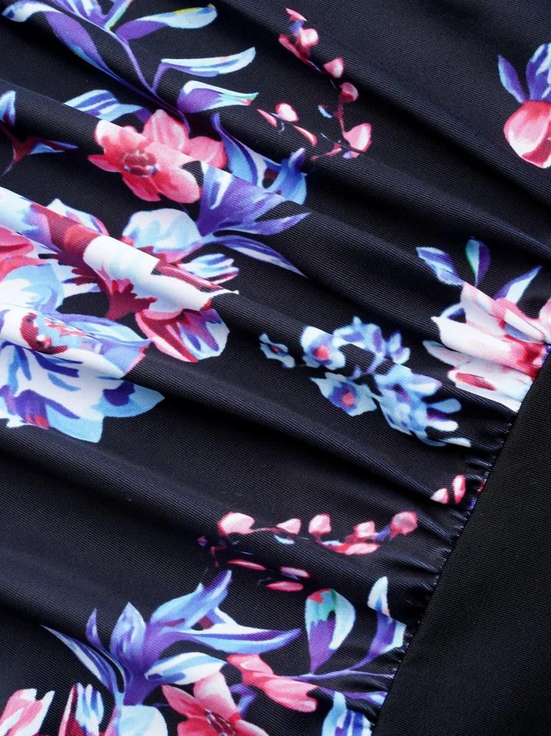Glide-Lock Zipper Floral Ruched One-Piece Swimsuit