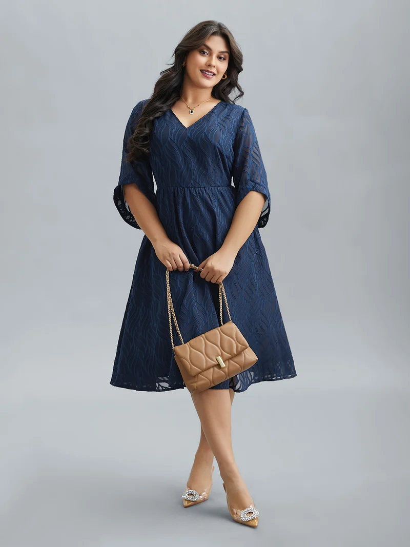 Chiffon Textured Sheer Sleeve Midi Dress