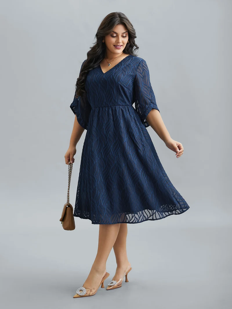 Chiffon Textured Sheer Sleeve Midi Dress
