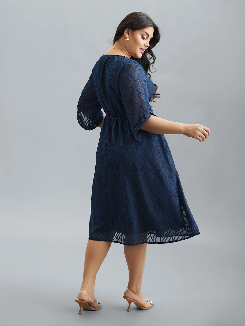 Chiffon Textured Sheer Sleeve Midi Dress
