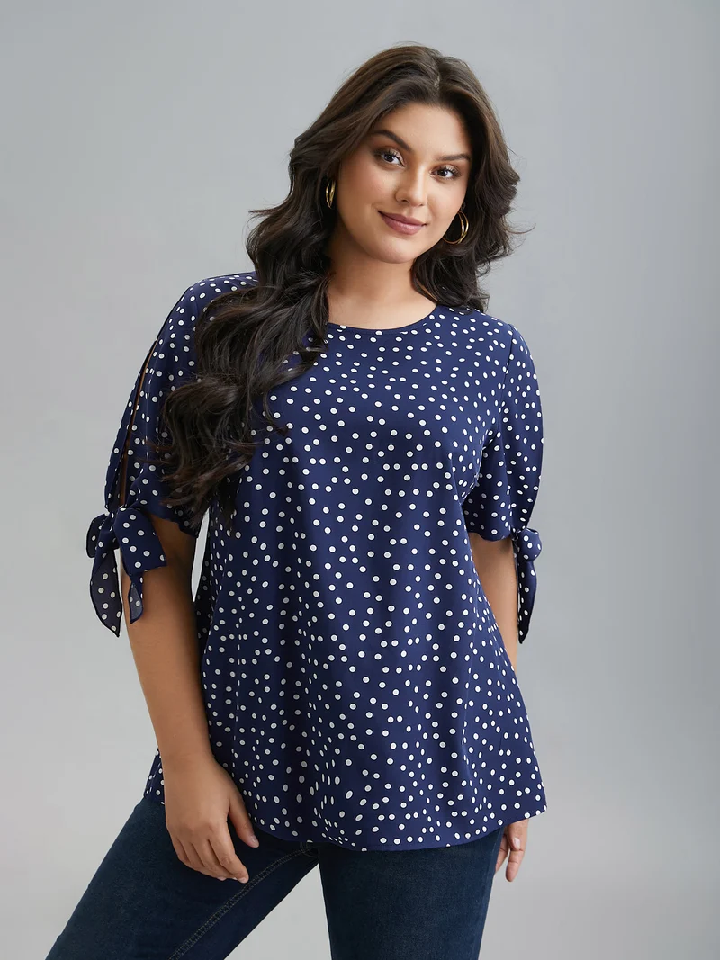 Polka Dots Round Neck Sleeve-Tie Blouse