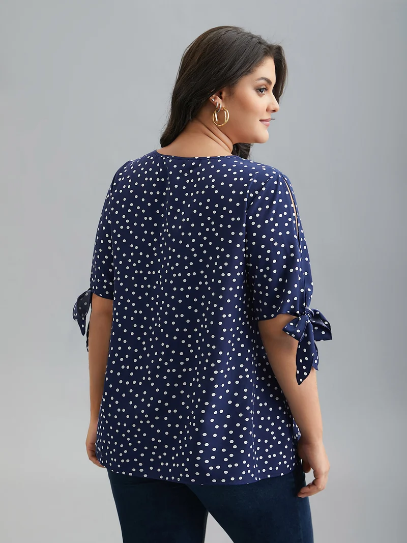 Polka Dots Round Neck Sleeve-Tie Blouse