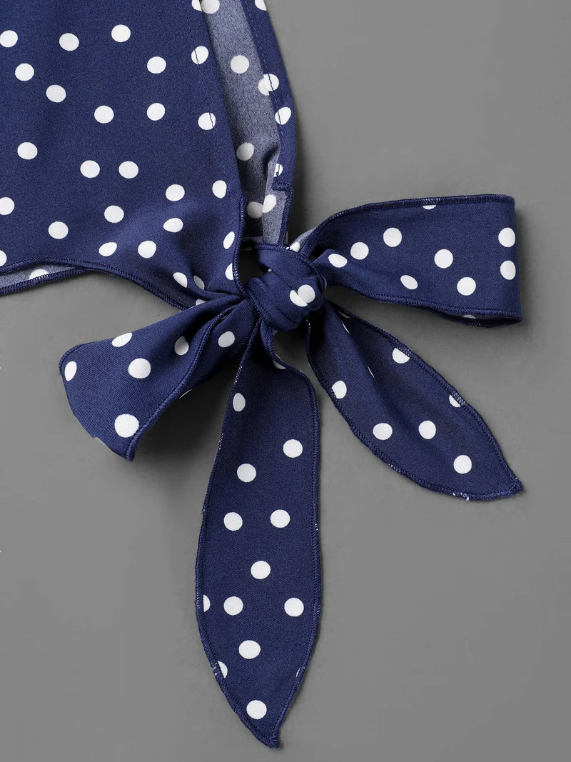Polka Dots Round Neck Sleeve-Tie Blouse