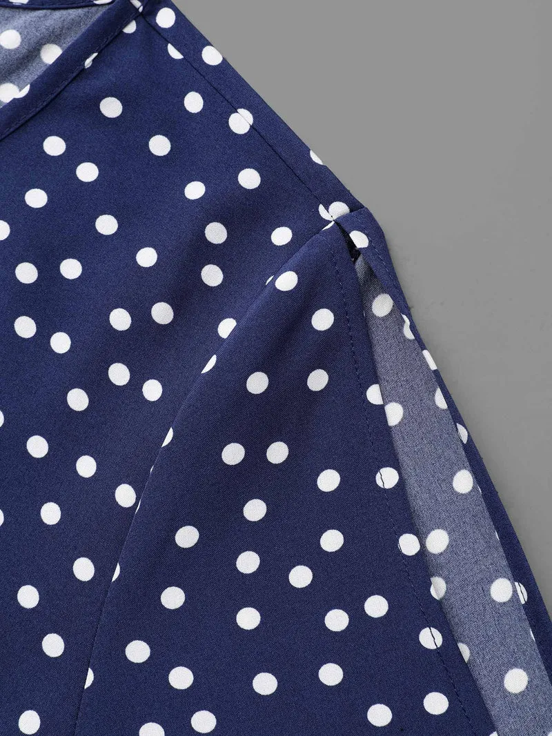 Polka Dots Round Neck Sleeve-Tie Blouse
