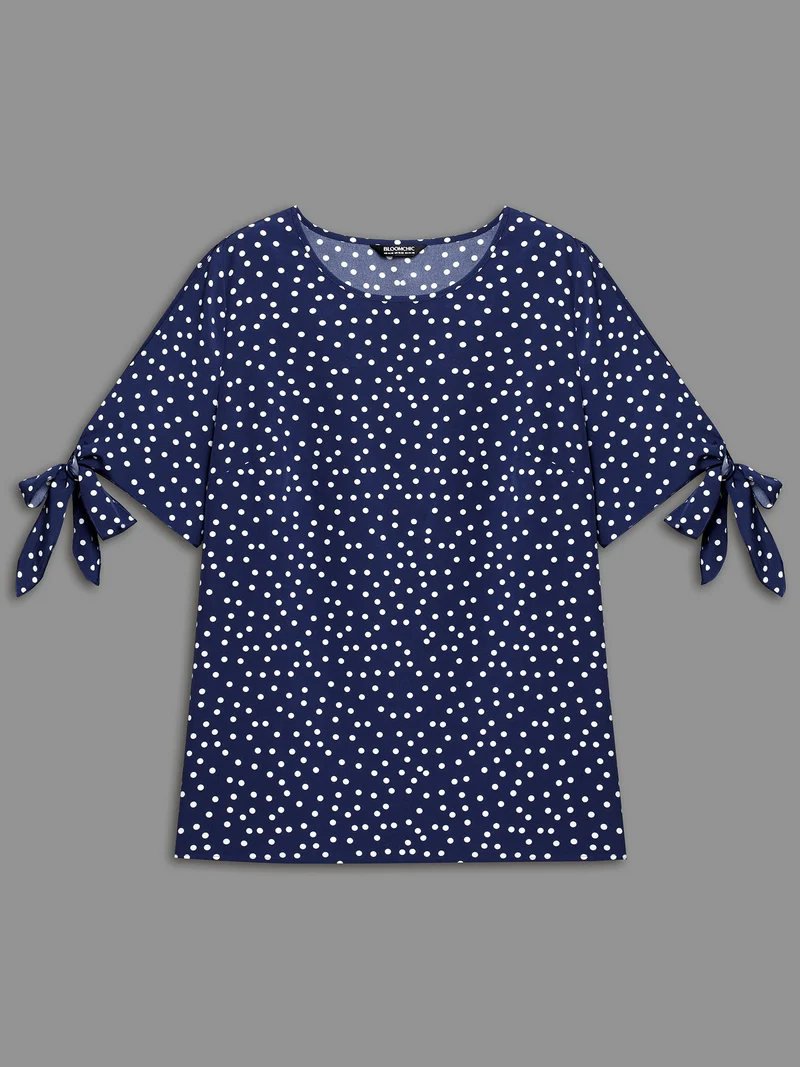 Polka Dots Round Neck Sleeve-Tie Blouse