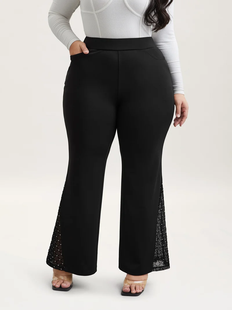 Mesh Spliced Mid Rise Flared Pants