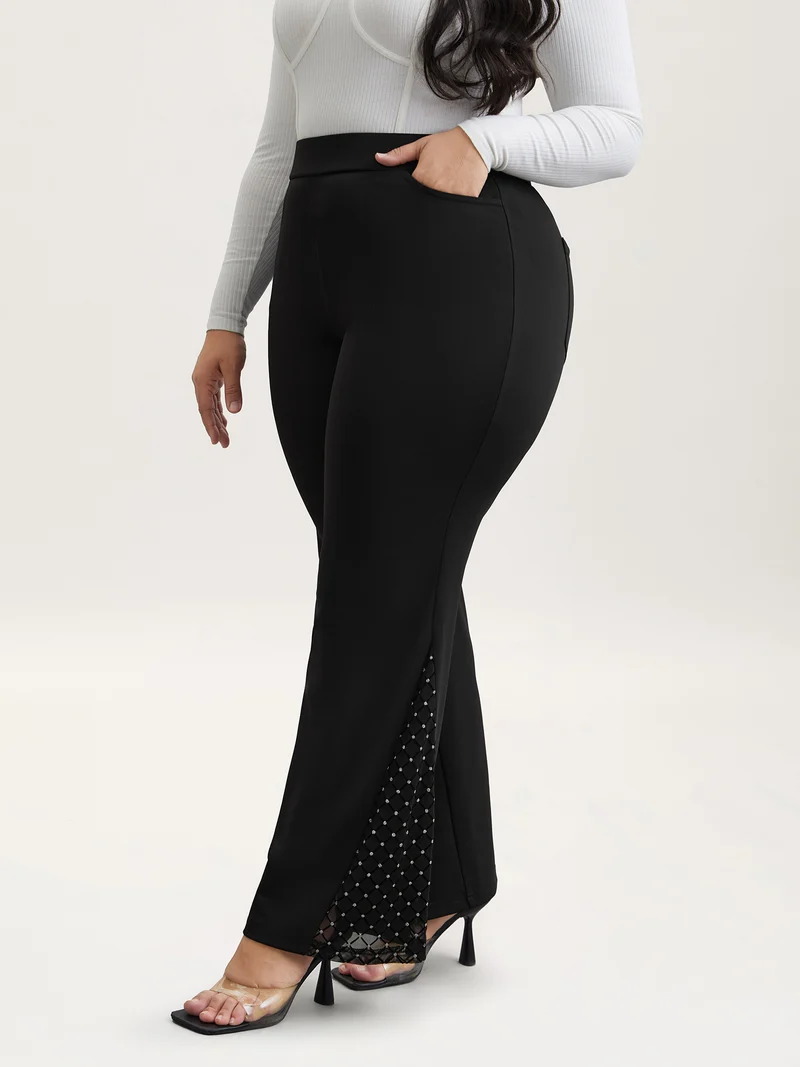 Mesh Spliced Mid Rise Flared Pants