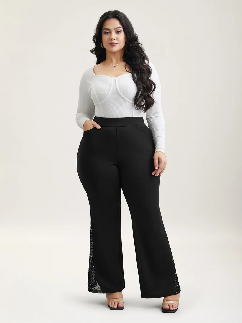 Mesh Spliced Mid Rise Flared Pants