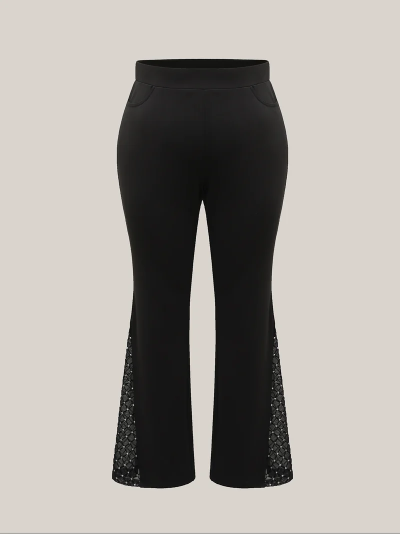 Mesh Spliced Mid Rise Flared Pants