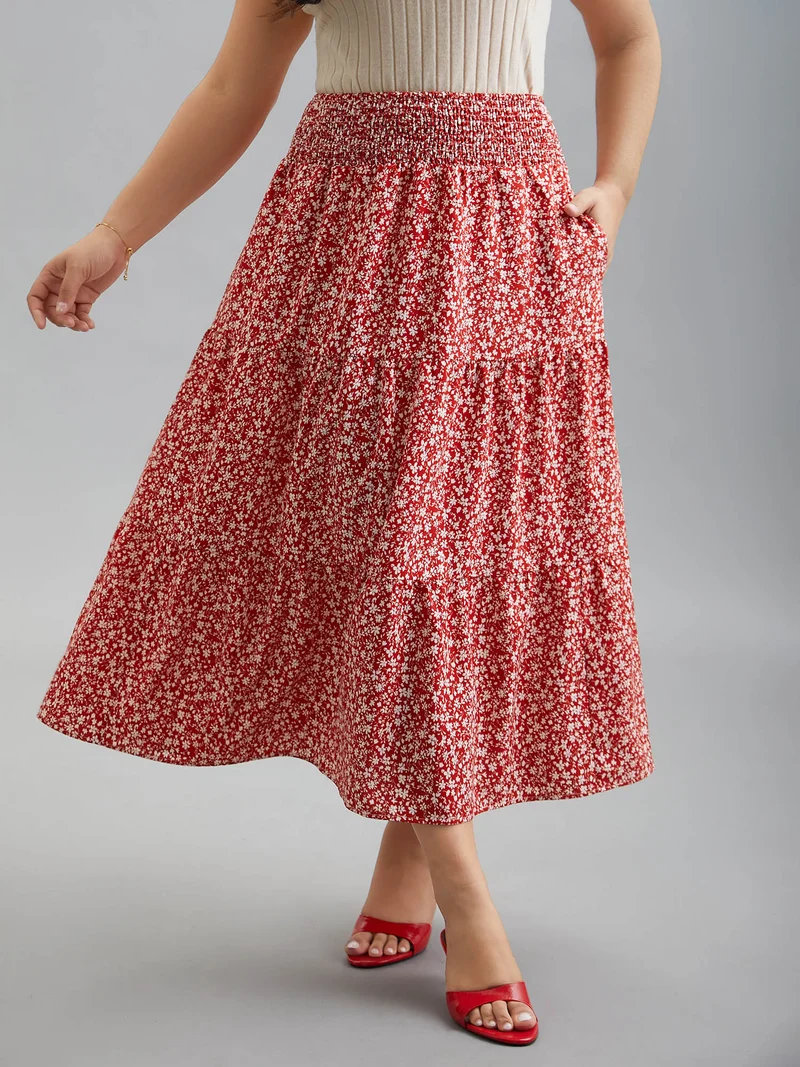 Romantic Floral Waist Shirred Midi Skirt