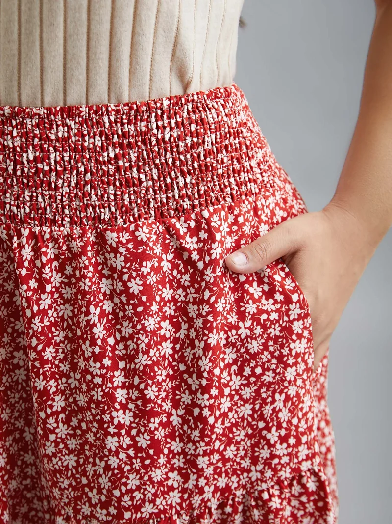 Romantic Floral Waist Shirred Midi Skirt