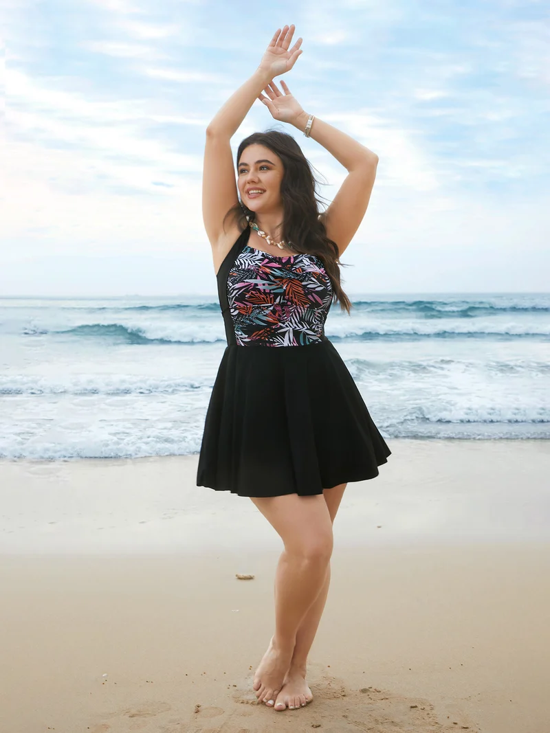 Tropical Leaf Print Twist Front Swim Dress