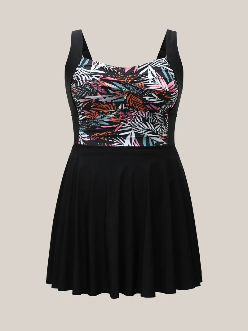 Tropical Leaf Print Twist Front Swim Dress