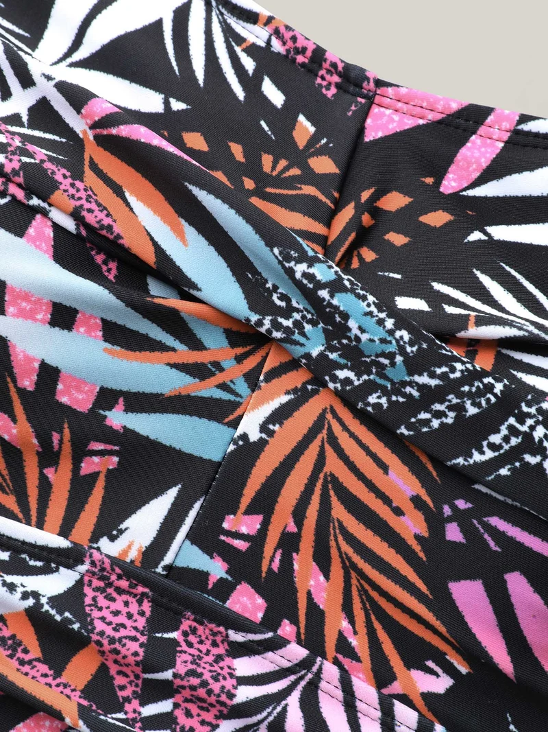 Tropical Leaf Print Twist Front Swim Dress