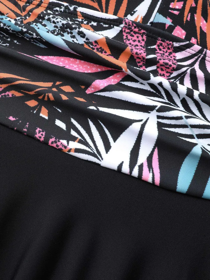 Tropical Leaf Print Twist Front Swim Dress