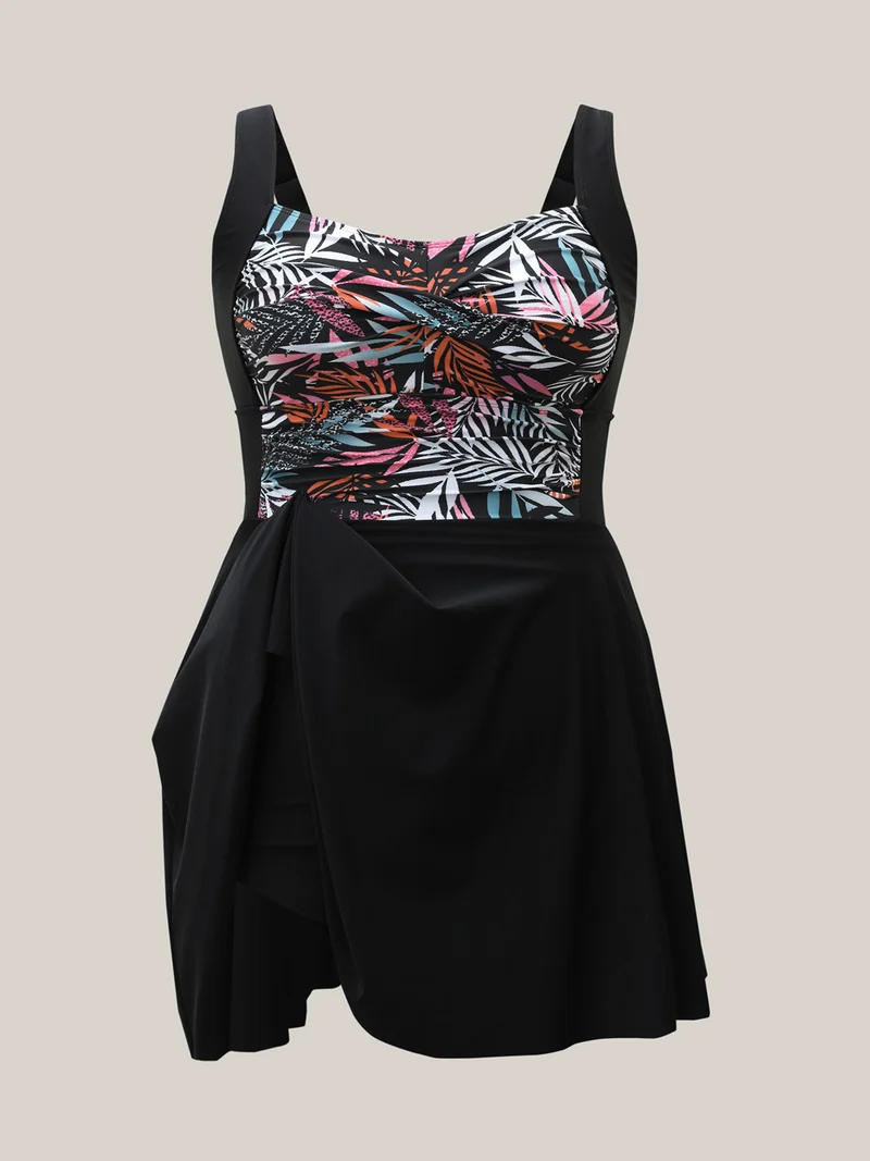 Tropical Leaf Print Twist Front Swim Dress