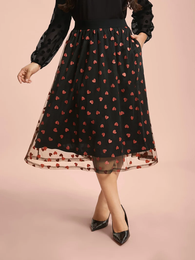 Heart Print Glitter Stretchy Waist Skirt