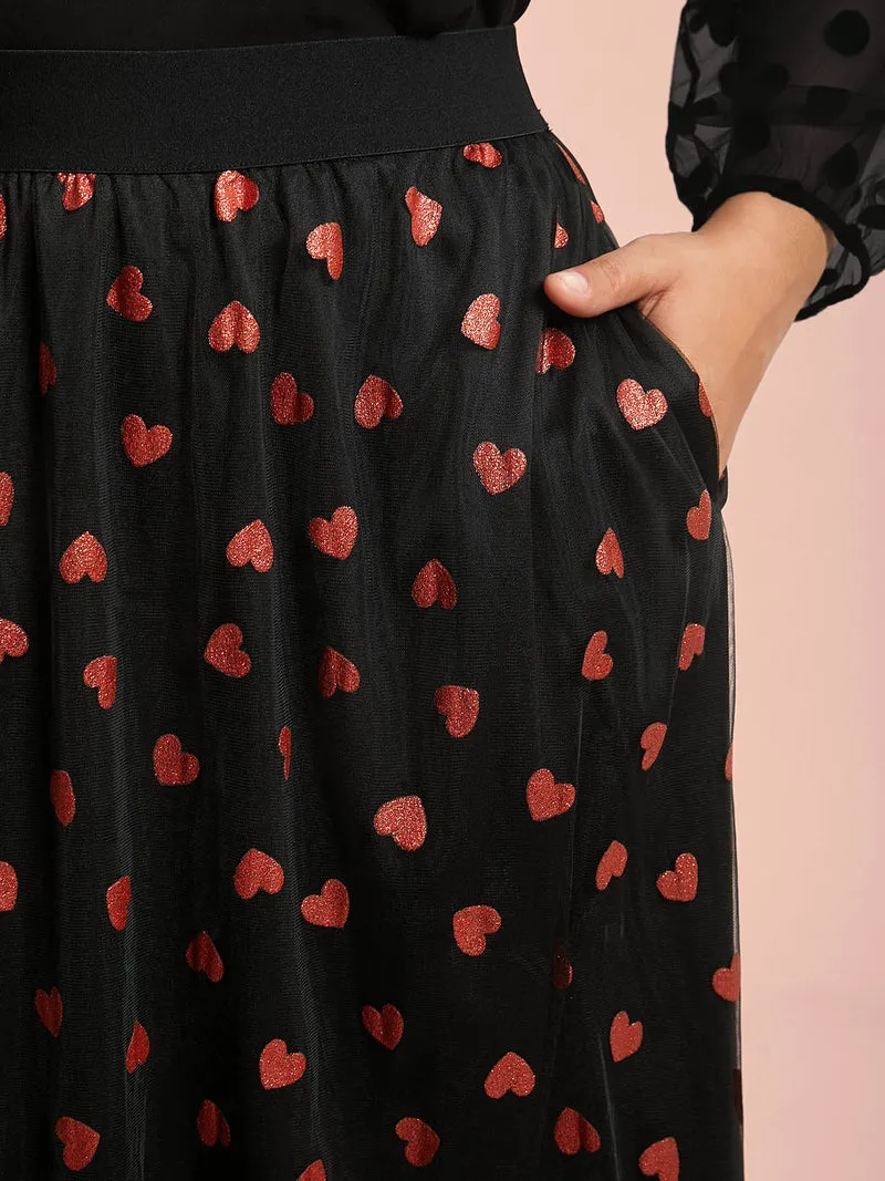 Heart Print Glitter Stretchy Waist Skirt