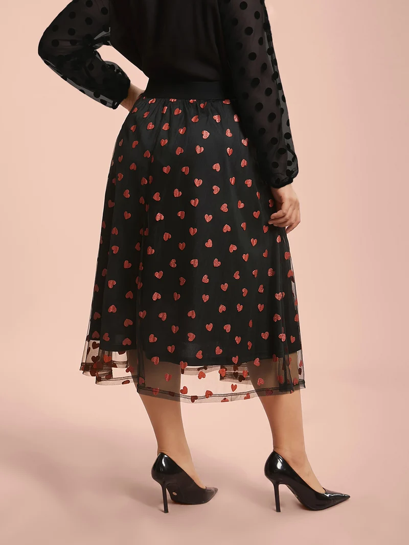 Heart Print Glitter Stretchy Waist Skirt