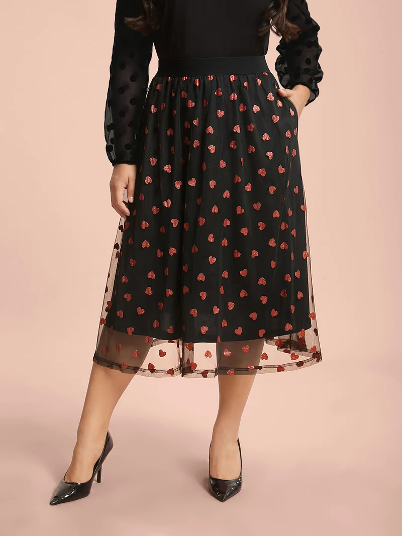 Heart Print Glitter Stretchy Waist Skirt