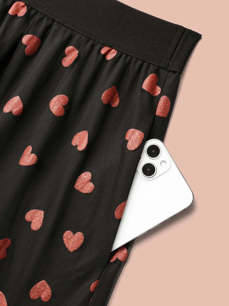 Heart Print Glitter Stretchy Waist Skirt