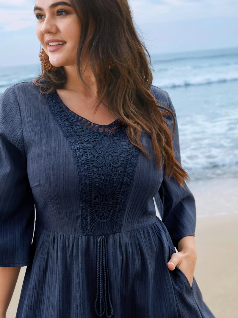 Textured Lace Patchwork Waist-Cinched Midi Dress