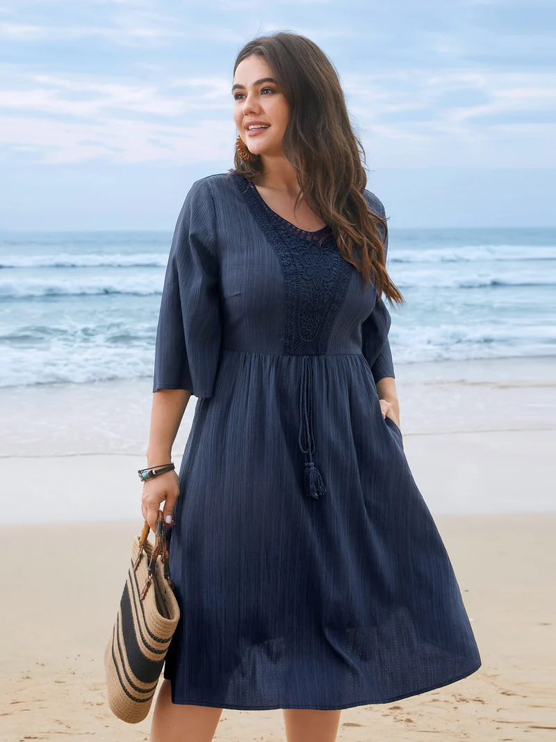 Textured Lace Patchwork Waist-Cinched Midi Dress