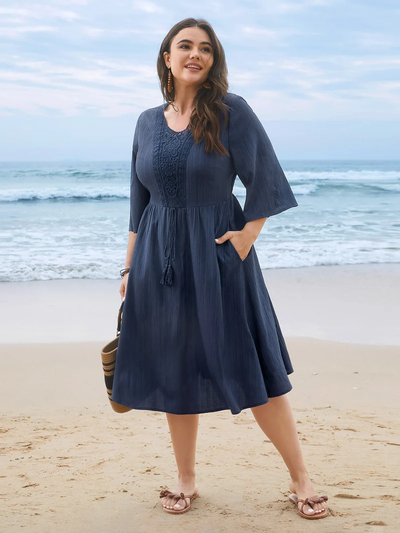 Textured Lace Patchwork Waist-Cinched Midi Dress