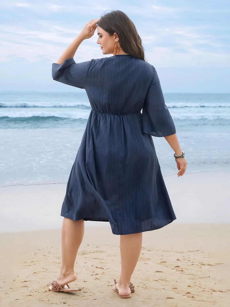 Textured Lace Patchwork Waist-Cinched Midi Dress
