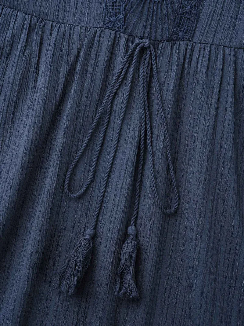 Textured Lace Patchwork Waist-Cinched Midi Dress