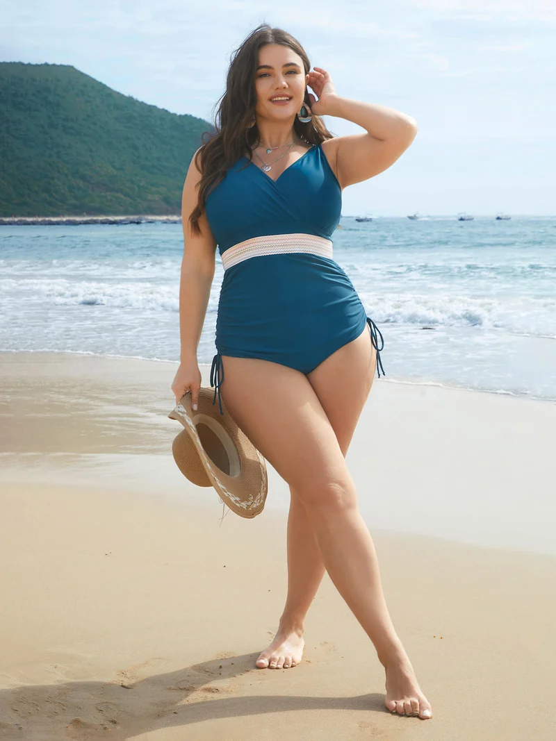 Contrast Webbing Drawstring Gathered One-Piece Swimsuit