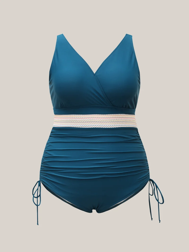Contrast Webbing Drawstring Gathered One-Piece Swimsuit