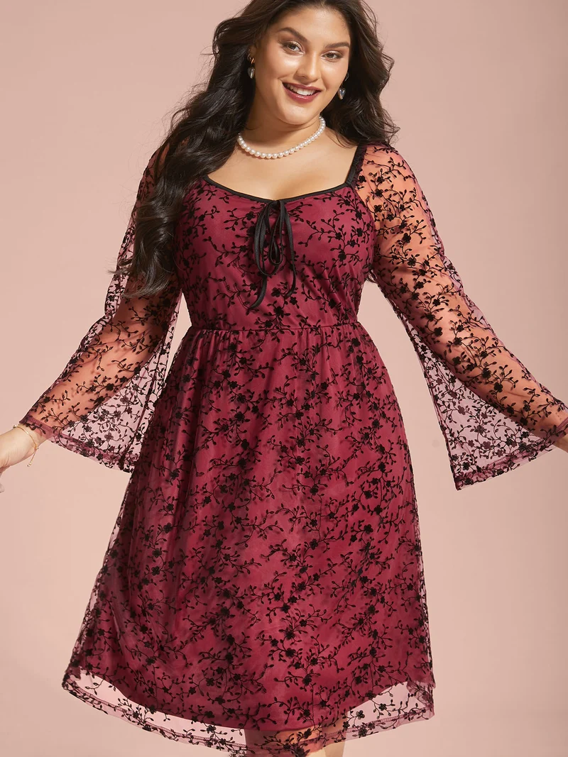 Floral Patchwork Mesh Neck-Tie Midi Dress