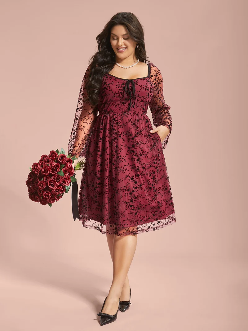 Floral Patchwork Mesh Neck-Tie Midi Dress