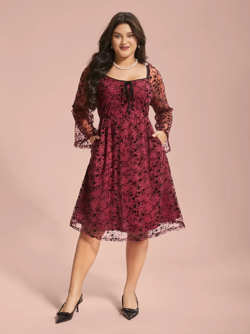 Floral Patchwork Mesh Neck-Tie Midi Dress
