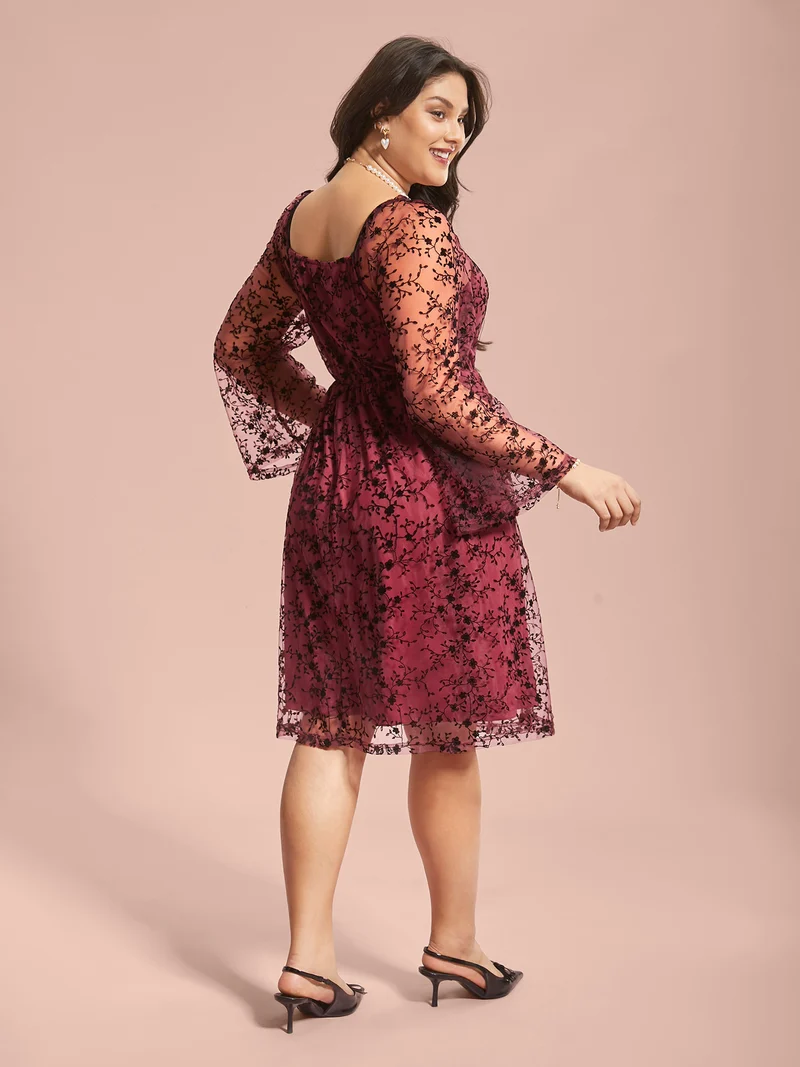 Floral Patchwork Mesh Neck-Tie Midi Dress