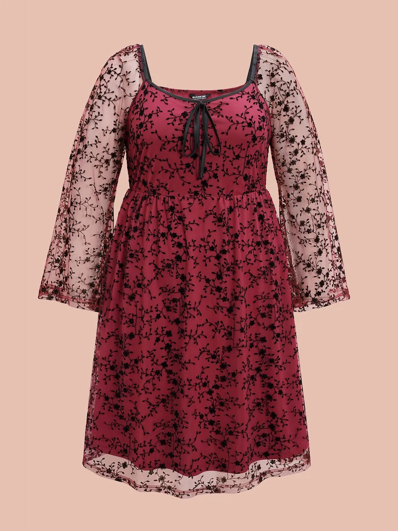 Floral Patchwork Mesh Neck-Tie Midi Dress