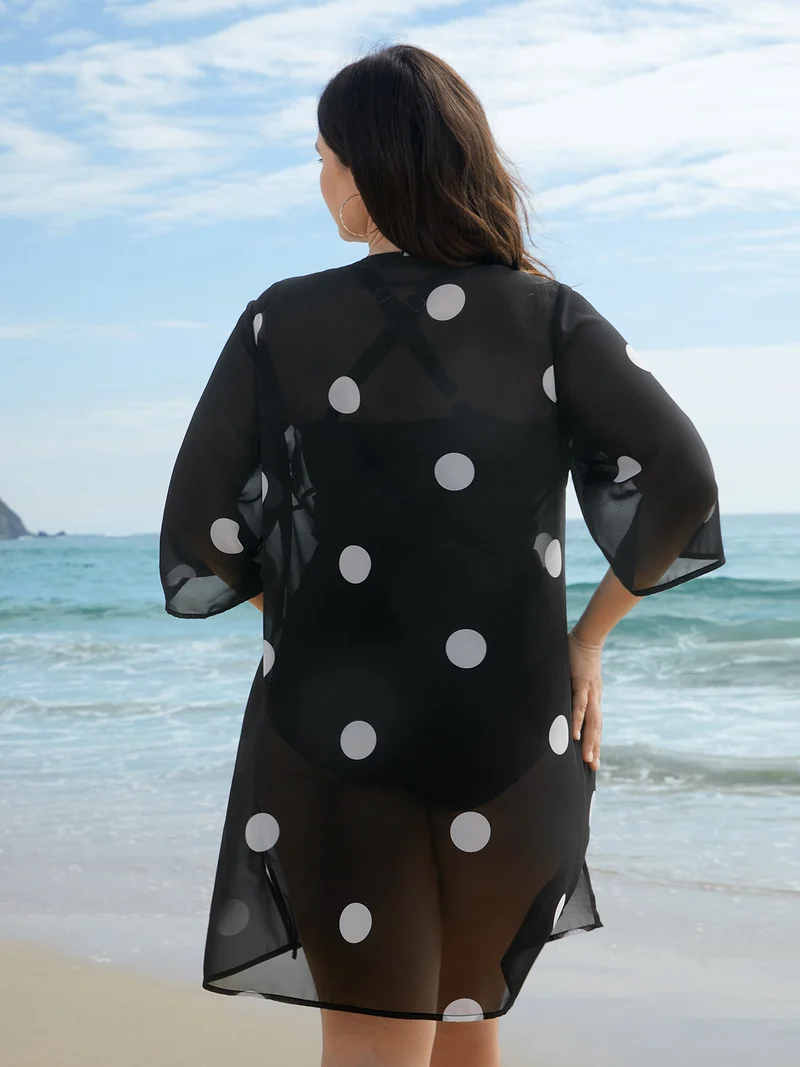 Polka Dot Chiffon Sheer Open-Front Kimono