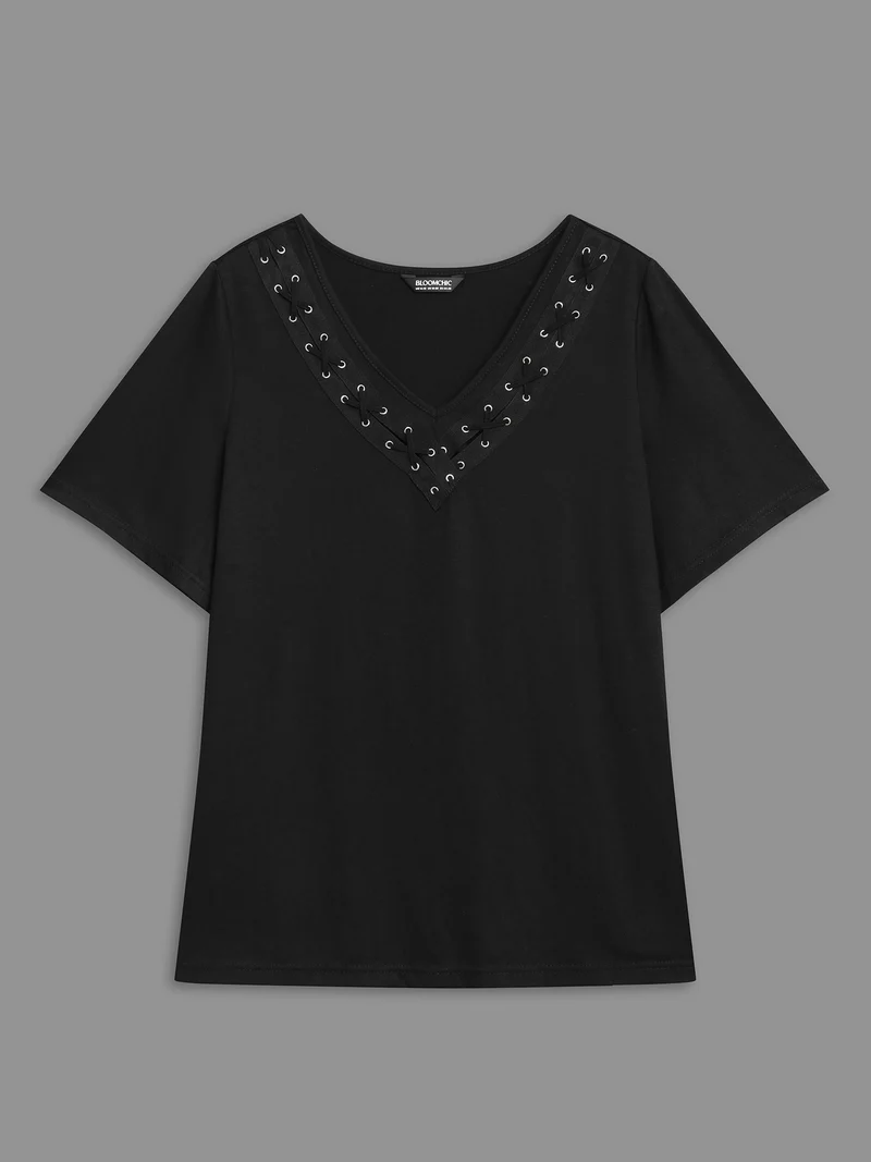 Stretchy V-Neck Hollow Fitted T-Shirt