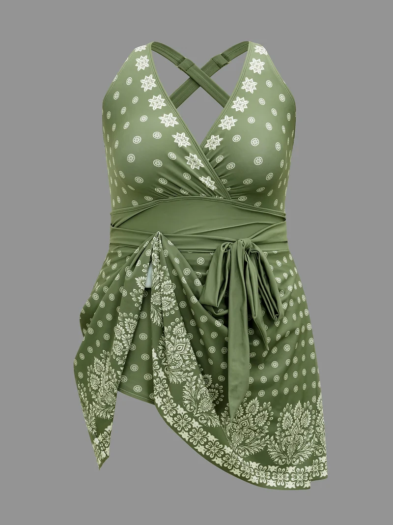 Boho Print Waist-Tie Surplice Neck Swim Dress
