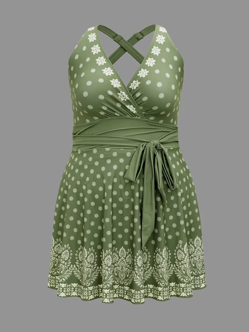Boho Print Waist-Tie Surplice Neck Swim Dress