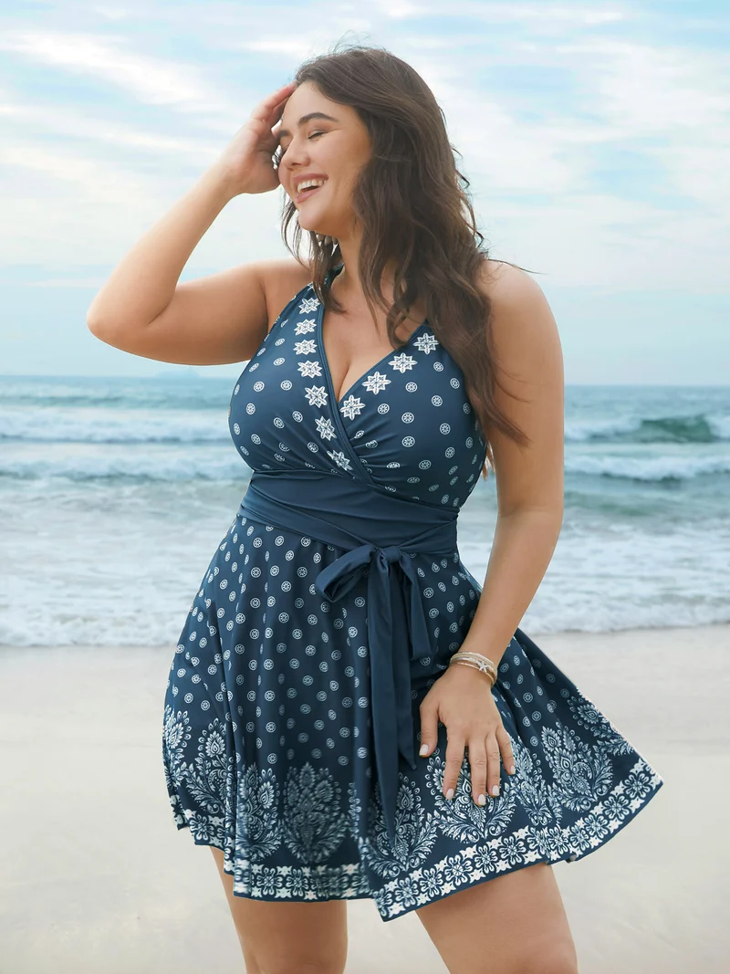 Boho Print Waist-Tie Surplice Neck Swim Dress