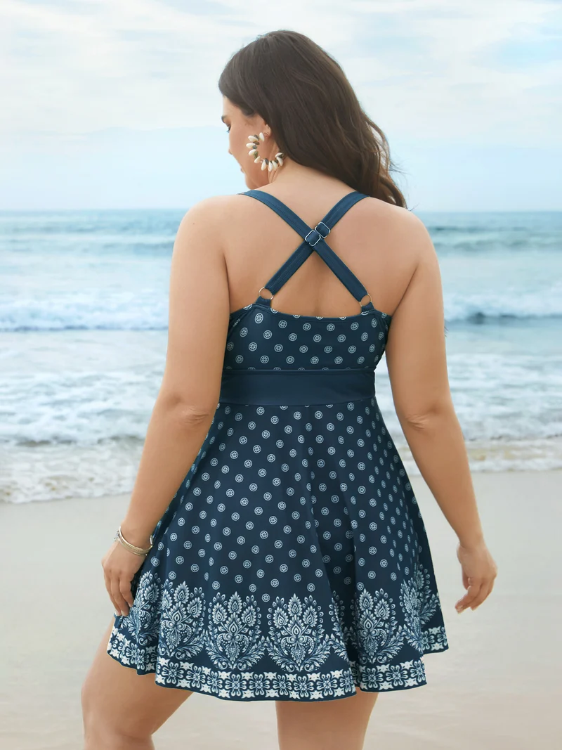 Boho Print Waist-Tie Surplice Neck Swim Dress