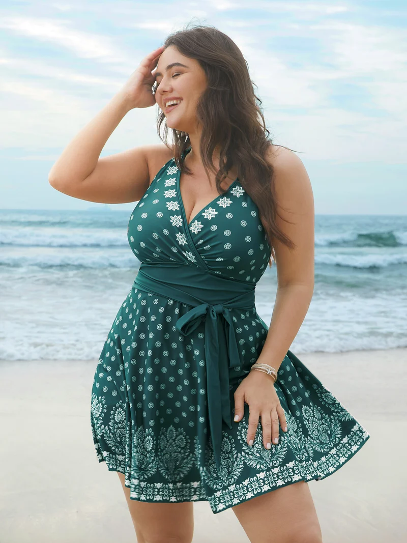 Boho Print Waist-Tie Surplice Neck Swim Dress