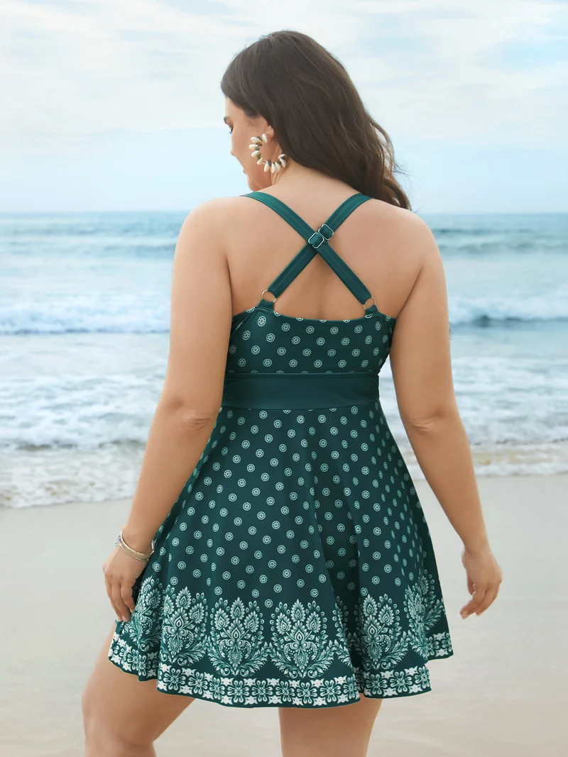 Boho Print Waist-Tie Surplice Neck Swim Dress