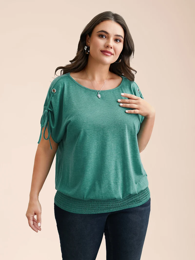 Adjustable Sleeve-Tie Shirred Round Neck T-Shirt